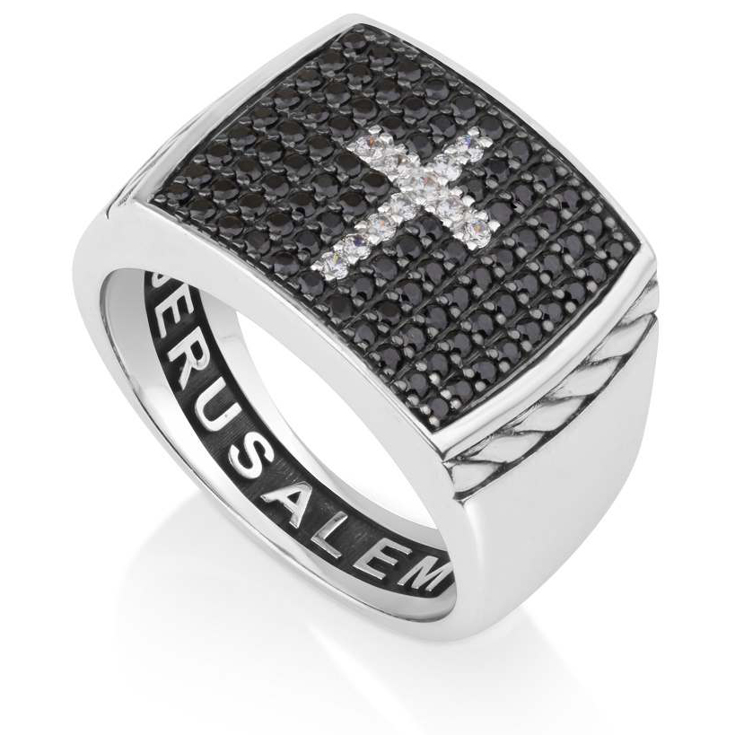 Cross Ring in Sterling Silver Encrusted with Zircon Stones – Jerusalem