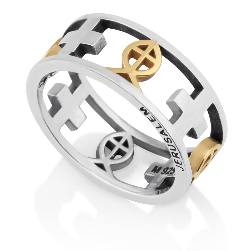 Fish with Cross Sterling Silver Gold Plated Jerusalem Engraved Ring