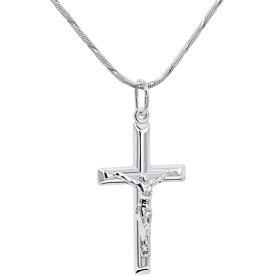 Sterling Silver Crucifix Pendant – Made in the Holy Land – 1″ inch (with chain)