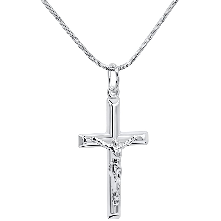 Classic Sterling Silver Crucifix Pendant – Made in the Holy Land – 1.4″ inch (with chain)