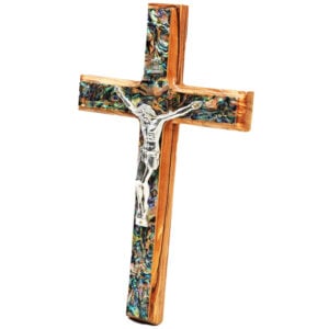 Olive Wood Cross and Crucifix with Mother of Pearl - 10" (angle)