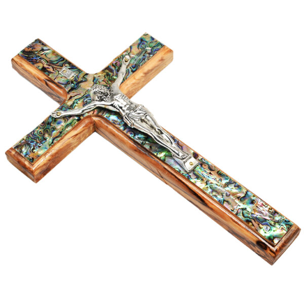 Olive Wood Cross and Crucifix with Mother of Pearl - 10" (side view)