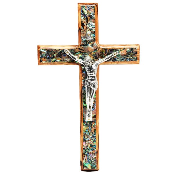 Olive Wood Cross and Crucifix with Mother of Pearl - 10" (straight)