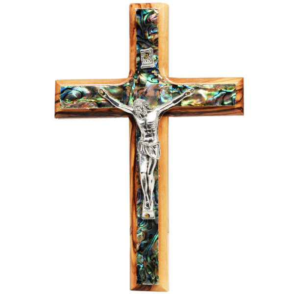 Olive Wood and Mother of Pearl Cross with metal Crucifix - 6" (front view)