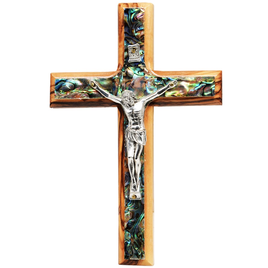 Olive Wood and Mother of Pearl Cross with metal Crucifix – 6″ (front view)