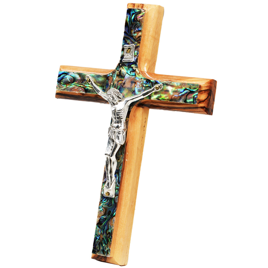 Olive Wood and Mother of Pearl Cross with metal Crucifix – 6″ (side view)