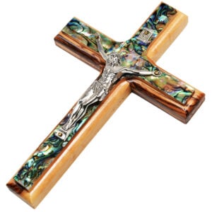 Olive Wood and Mother of Pearl Cross with metal Crucifix - 6"