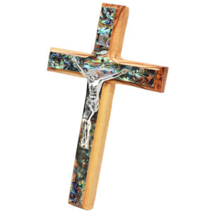 Olive Wood Cross with metal Crucifix and Mother of Pearl - 8"