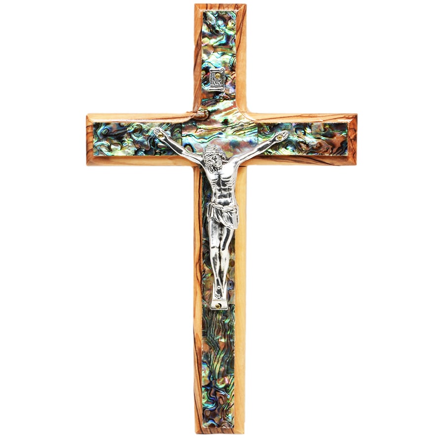 Olive Wood Cross with metal Crucifix and Mother of Pearl – 8″ (front)