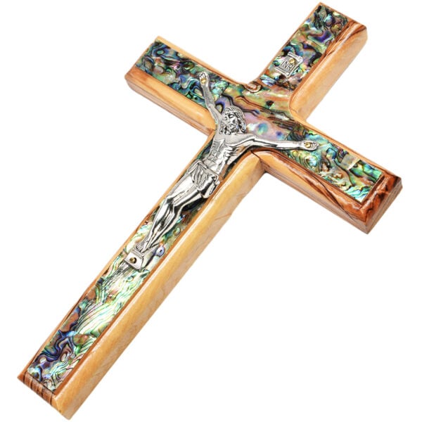Olive Wood Cross with metal Crucifix and Mother of Pearl - 8" (laying)