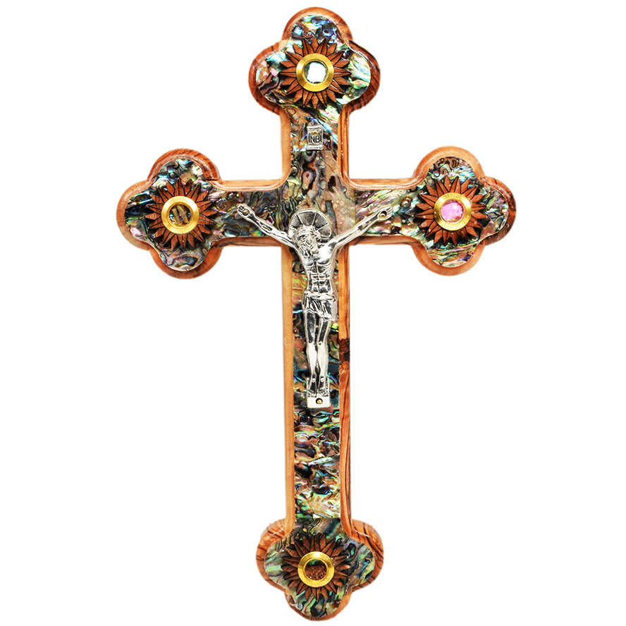 Cross and Crucifix – Olive Wood Mother of Pearl 3 Incense, Holy Soil 11″ (front view)