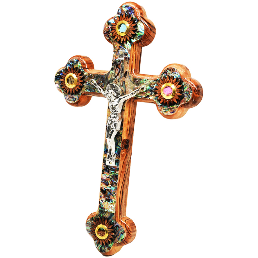 Cross and Crucifix – Olive Wood Mother of Pearl 3 Incense, Holy Soil 11″ (angle)