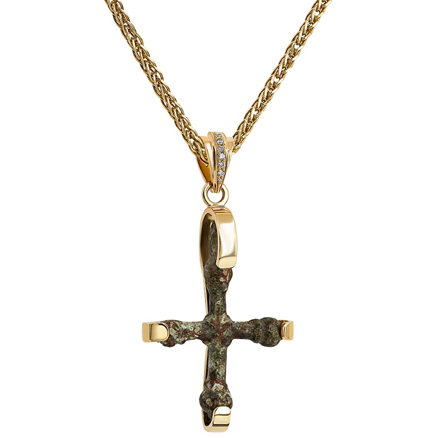 Crusader Cross in 14k Gold and Diamond Necklace – Made in Israel (with chain)