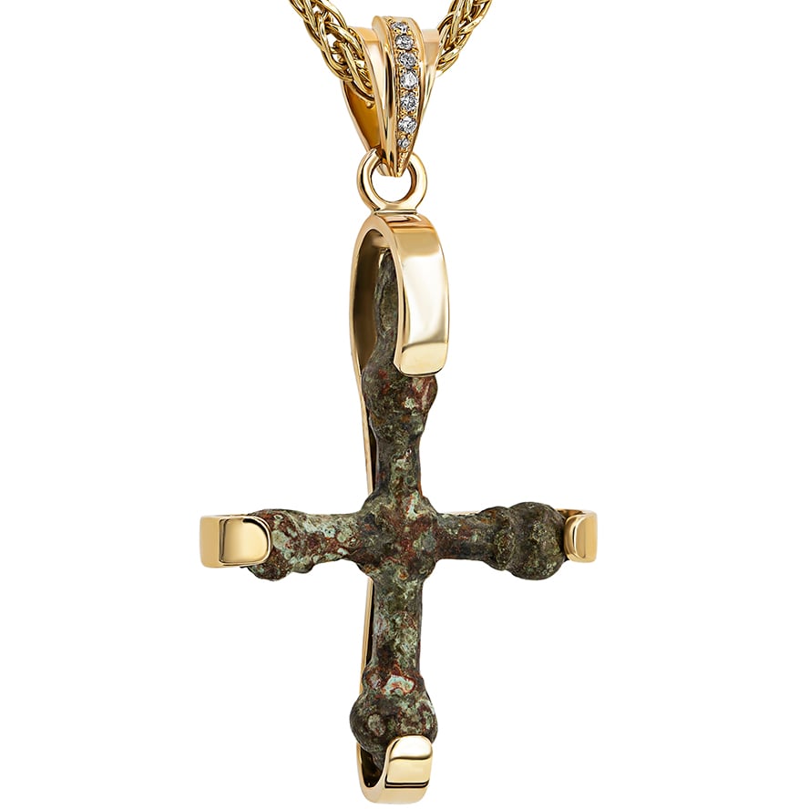 Crusader Cross in 14k Gold and Diamond Necklace - Made in Israel