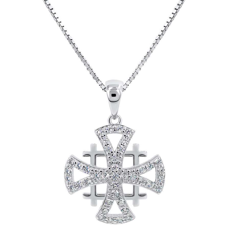 Templar ‘Jerusalem Cross’ Zircon Stones Sterling Silver Pendant (with chain)