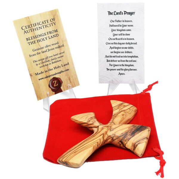 Olive Wood Curved Comfort Cross - Palm Cross in Velvet Bag (angle view)