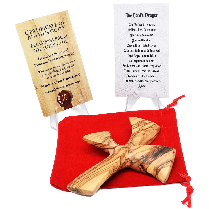 Olive Wood Curved Comfort Cross – Palm Cross in Velvet Bag (angle view)
