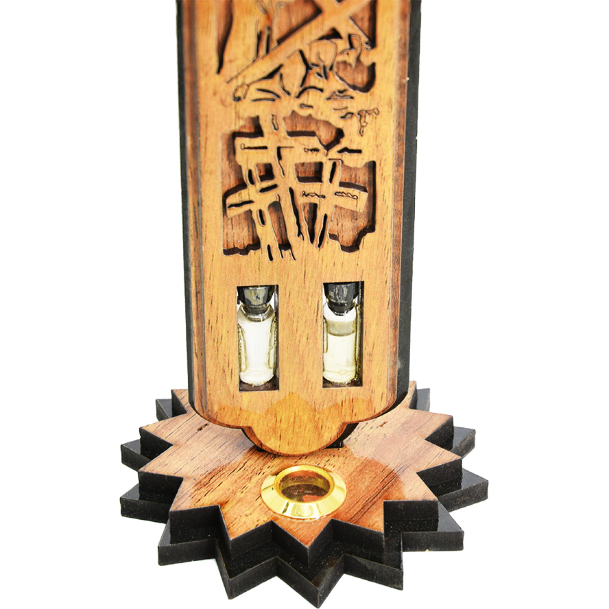 The Death and Resurrection of Jesus – Olive Wood Cross with Incense – 14″ (base detail)