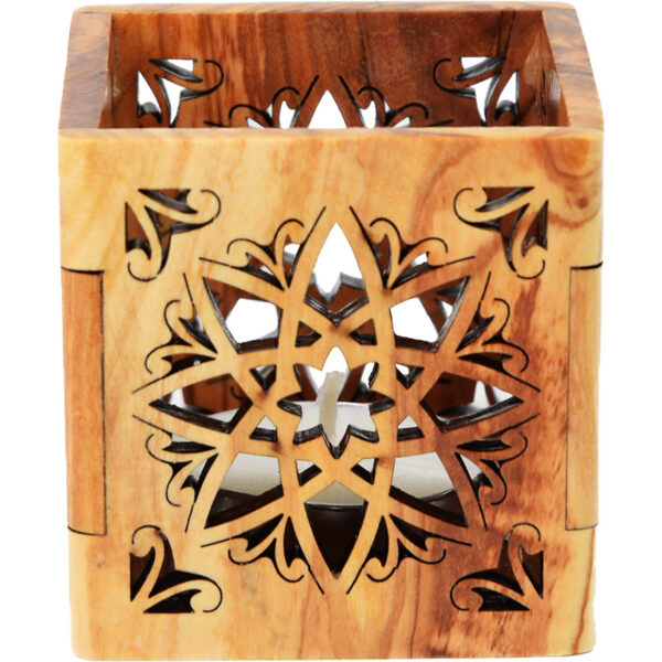 Olive Wood Tea-Light Candle Holder from Israel - 2" (front view)