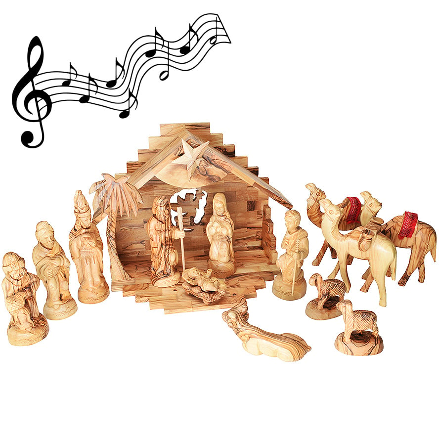 Deluxe Musical Olive Wood Nativity Set – Made in Bethlehem – 12.5″