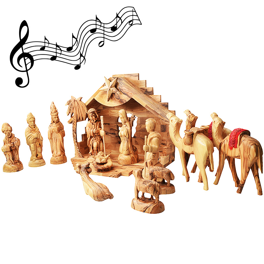 Deluxe Musical Olive Wood Nativity Set – Made in Bethlehem – 12.5″