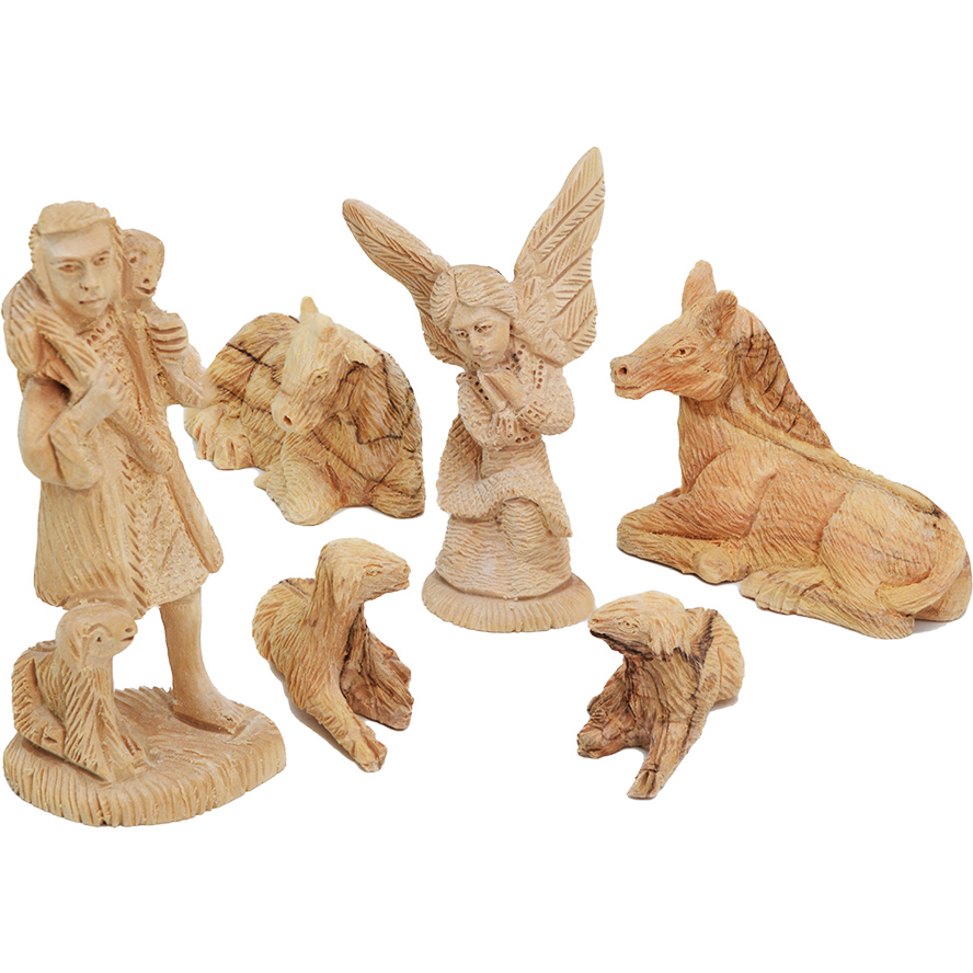 Angel shepherd and animals in high quality olive wood set