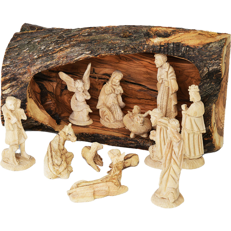 Fine Detailed Figurines – Handmade Olive Wood Set in Natural Log – angle view