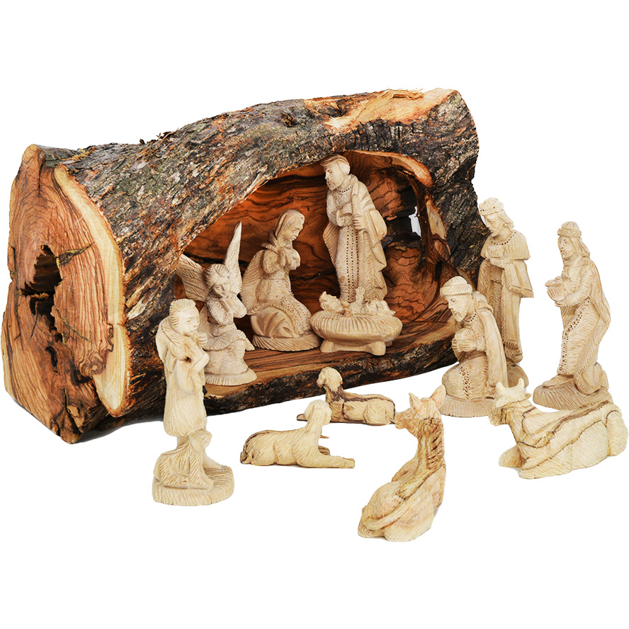 Nativity log with deluxe olive wood set – made in Israel