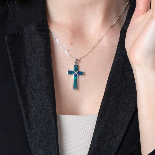Eilat Stone 'Bound to The Cross' Sterling Silver Necklace (female model)