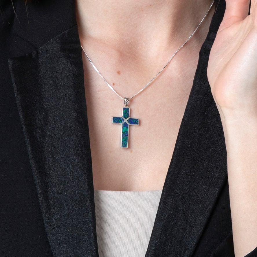 Eilat Stone ‘Bound to The Cross’ Sterling Silver Necklace (female model)