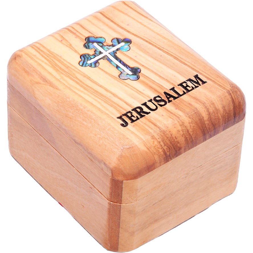 Engraved 'Jerusalem' Wooden Box with Mother of Pearl Orthodox Cross