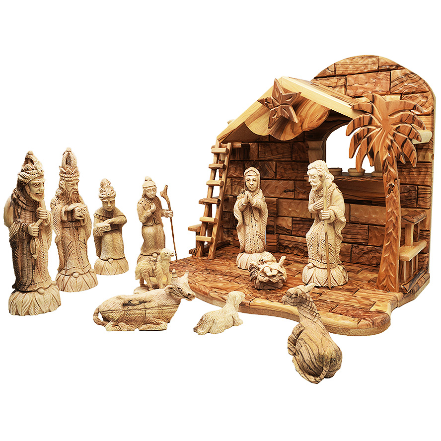 Exclusive Figurines – Olive Wood Musical Nativity Set from Bethlehem (side view)
