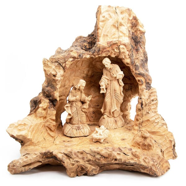 'Joseph, Mary and Baby Jesus' Deluxe Figurines - Olive Wood Nativity Cave