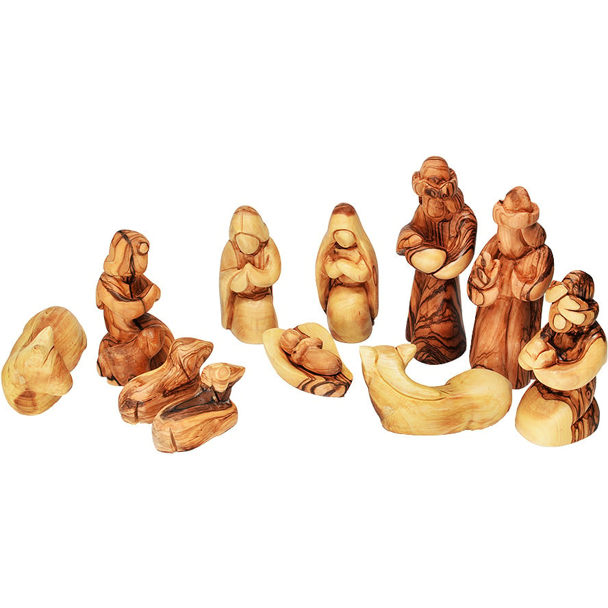 Set of Olive Wood Hand Carved Faceless Nativity Figures – 13 pc