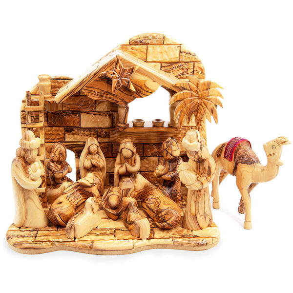 Musical 'Faceless' Nativity Scene Set from Olive Wood with Camel