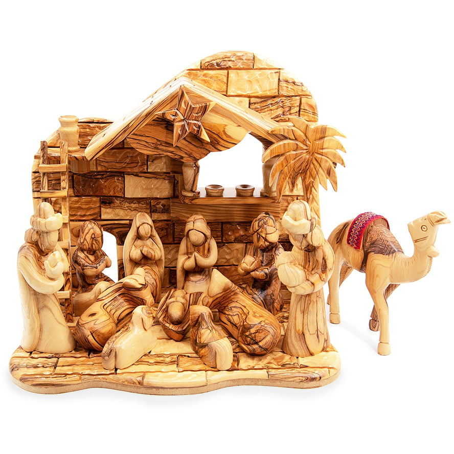 Musical ‘Faceless’ Nativity Scene Set from Olive Wood with Camel