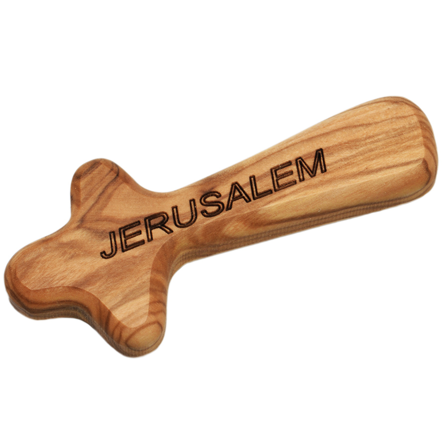 Olive Wood ‘JERUSALEM’ Comfort Cross – Gift of Faith 3.5″ (side view)