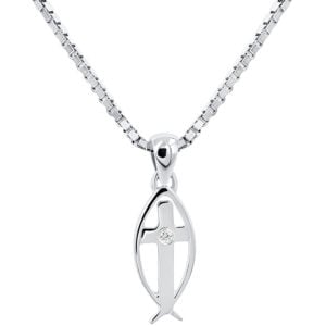 14k White Gold Christian 'Fish with Cross' and Diamond Pendant (with chain)