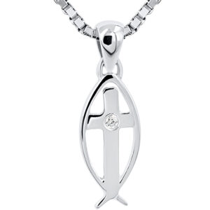 14k White Gold Christian 'Fish with Cross' and Diamond Pendant