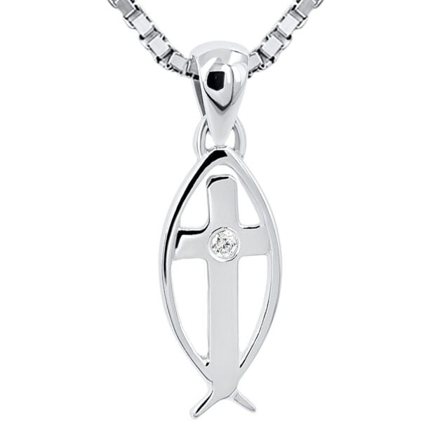14k White Gold Christian 'Fish with Cross' and Diamond Pendant