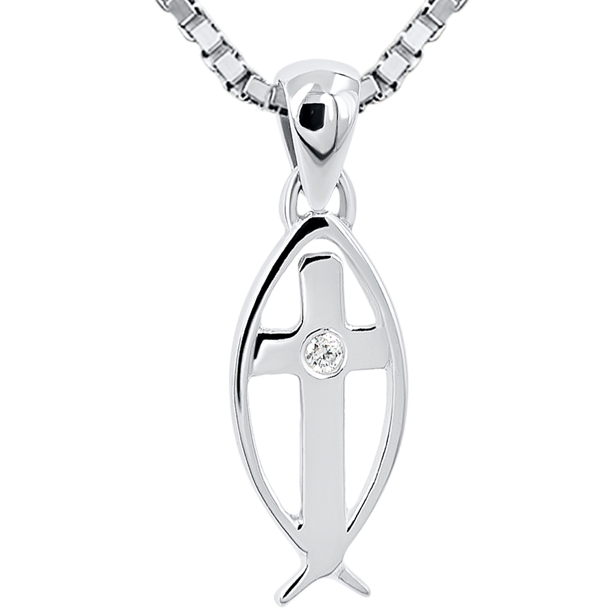 14k White Gold Christian ‘Fish with Cross’ and Diamond Pendant