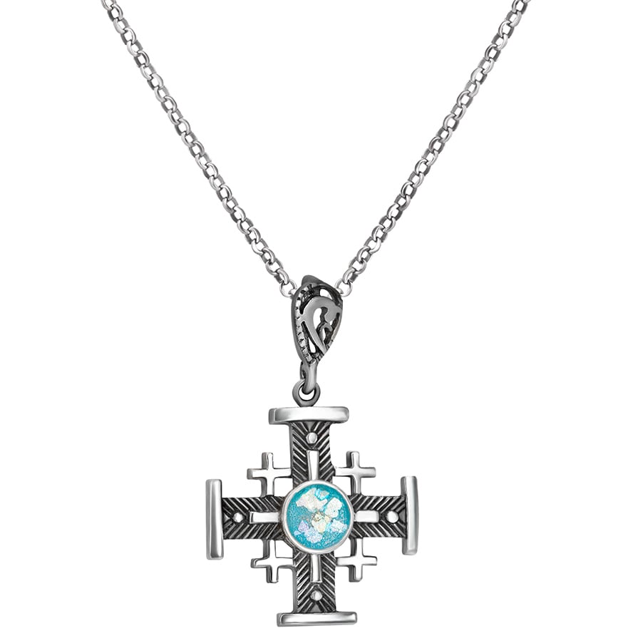 Roman Glass ‘Jerusalem Cross’ Fish-bone Oxidized Design Silver Pendant (with chain)