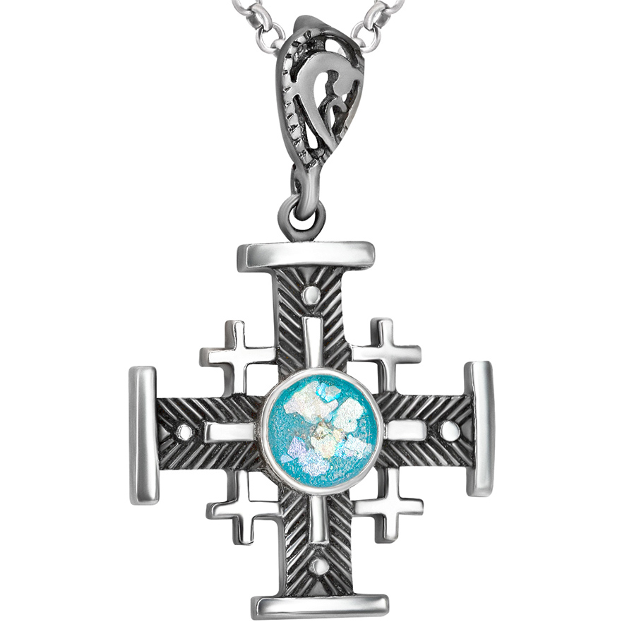 Roman Glass 'Jerusalem Cross' Fish-bone Oxidized Design Silver Pendant