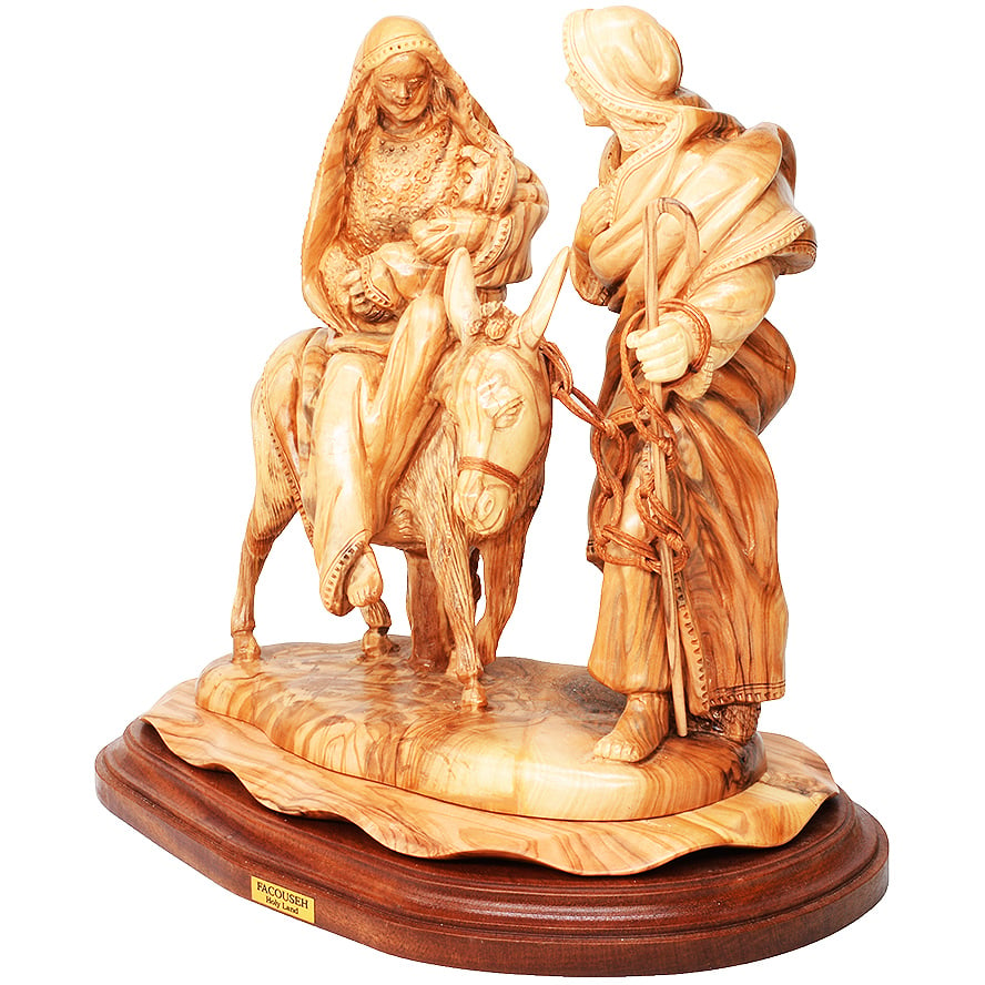 Mary, Joseph and Jesus on Donkey – Hand Carved in Bethlehem (side view)