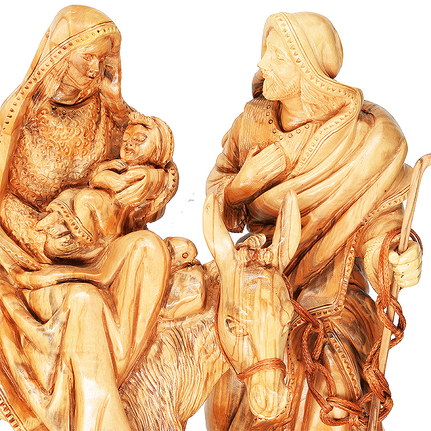 Mary, Joseph and Jesus on Donkey – Hand Carved in Bethlehem (detail)