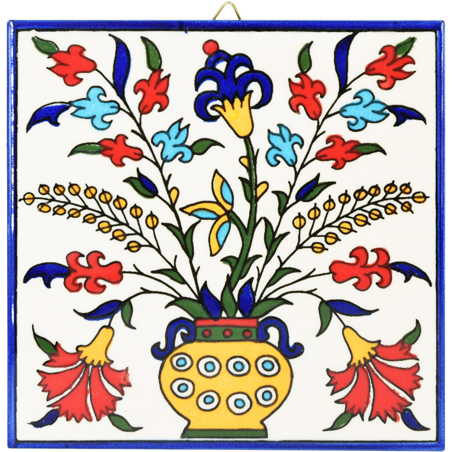 Armenian Ceramic 'Mediterranean Flowers' Wall Hanging Tile - 6"