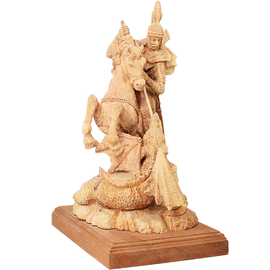 St. George Slaying the Dragon – Olive Wood carving – 12″ (front view)