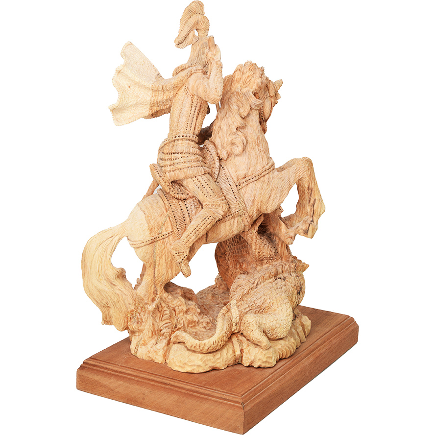 St. George Slaying the Dragon – Olive Wood carving – 12″ (back view)