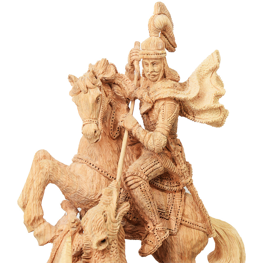 St. George Slaying the Dragon – Olive Wood carving – 12″ (close view)