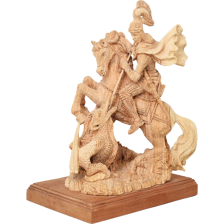 St. George Slaying the Dragon - Olive Wood carving - 12"
